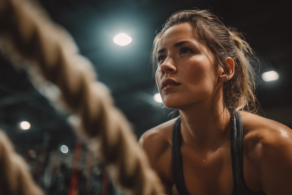 Femme concentrée sur un exercice de corde au gymnase.