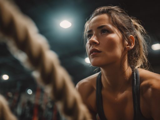 Femme concentrée sur un exercice de corde au gymnase.