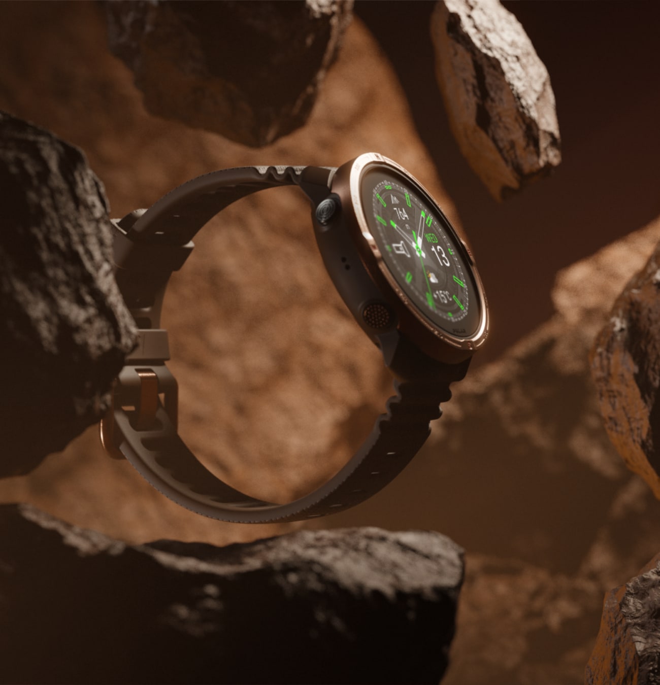 Montre intelligente moderne avec écran lumineux, fond rocheux.
