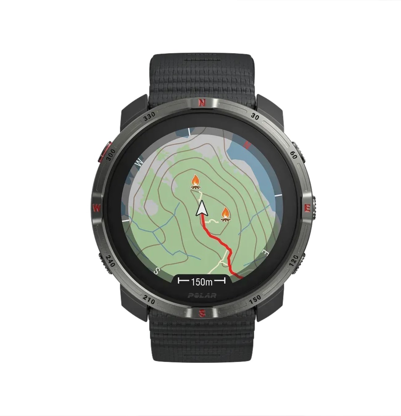 Montre connectée avec carte et boussole affichées.