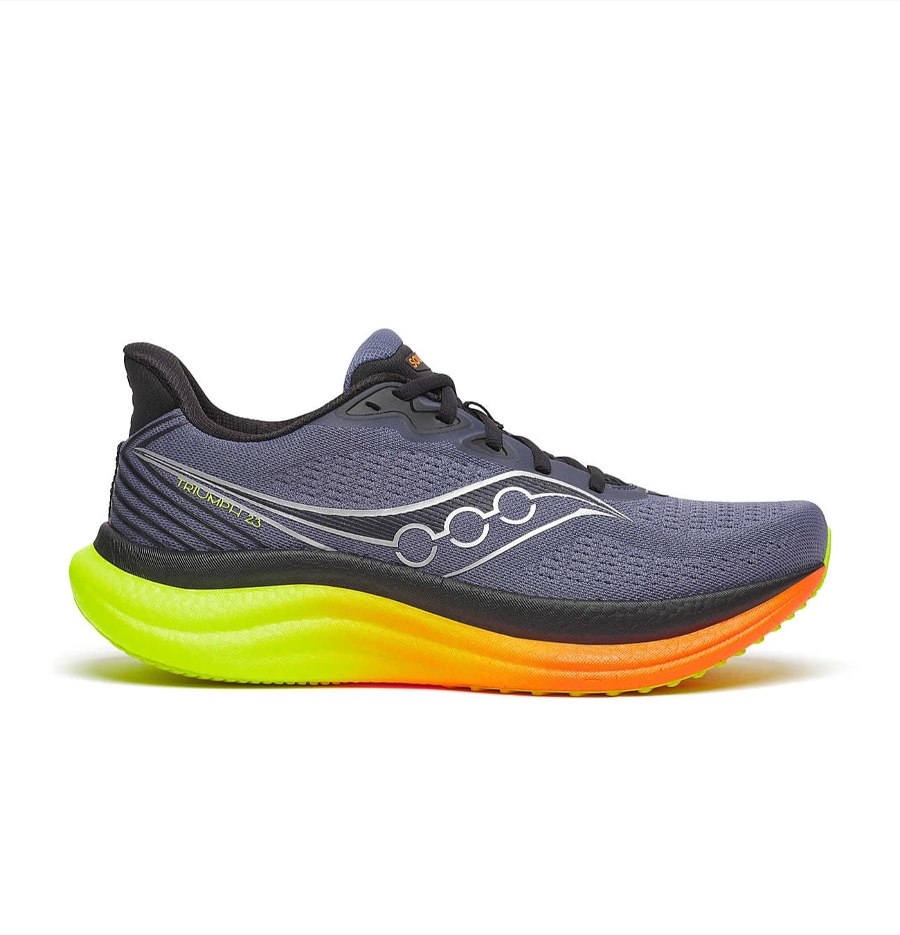 Chaussure de course grise avec semelle colorée.