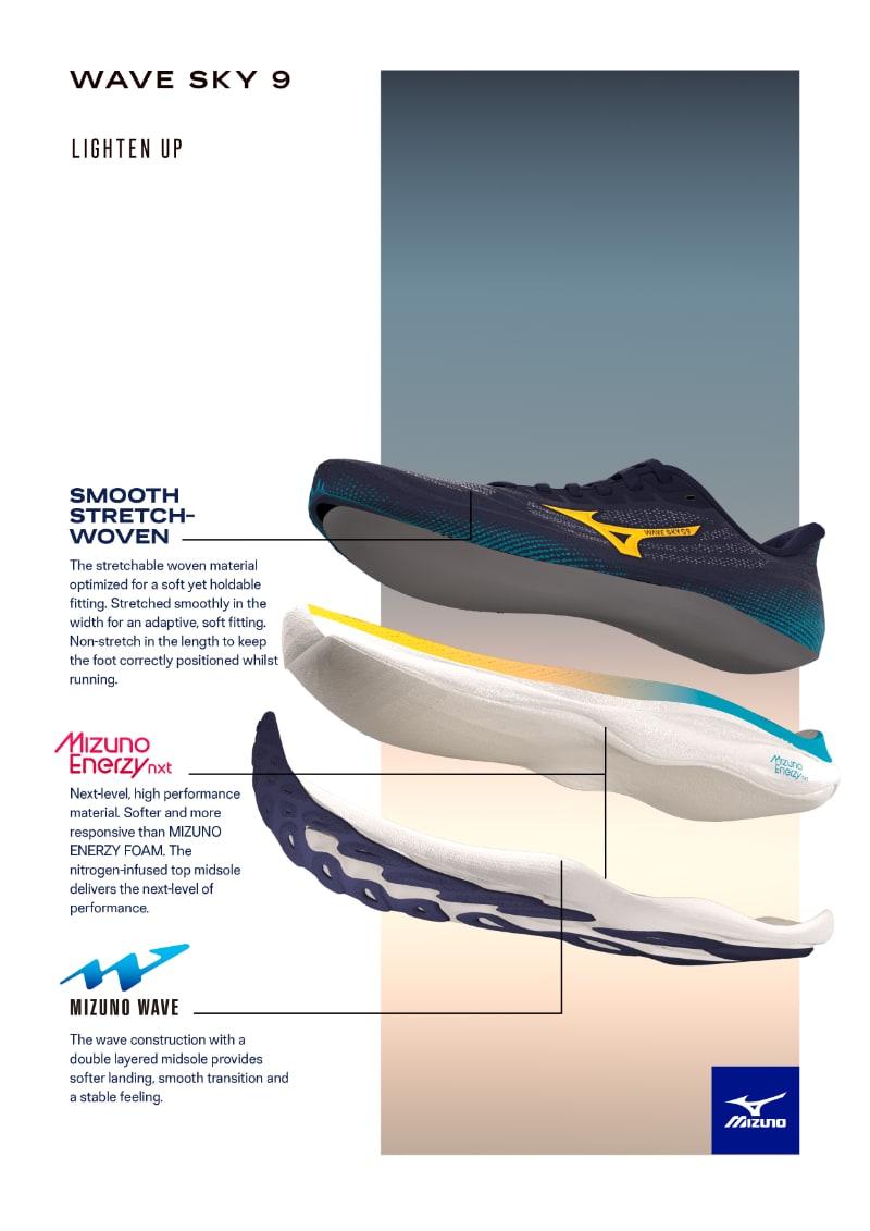 Chaussure de course Mizuno avec semelle amortissante.