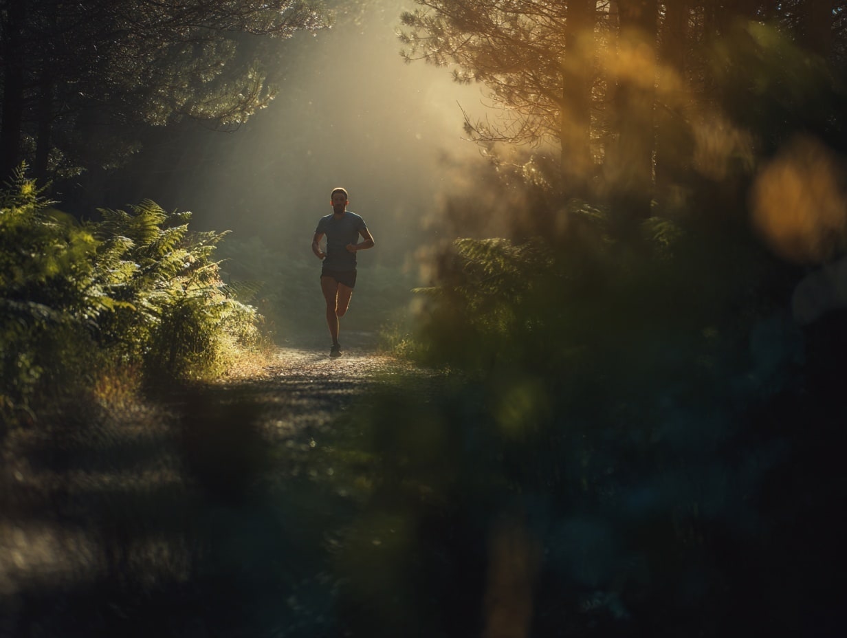 Joggeur courant dans une forêt éclairée par le soleil.
