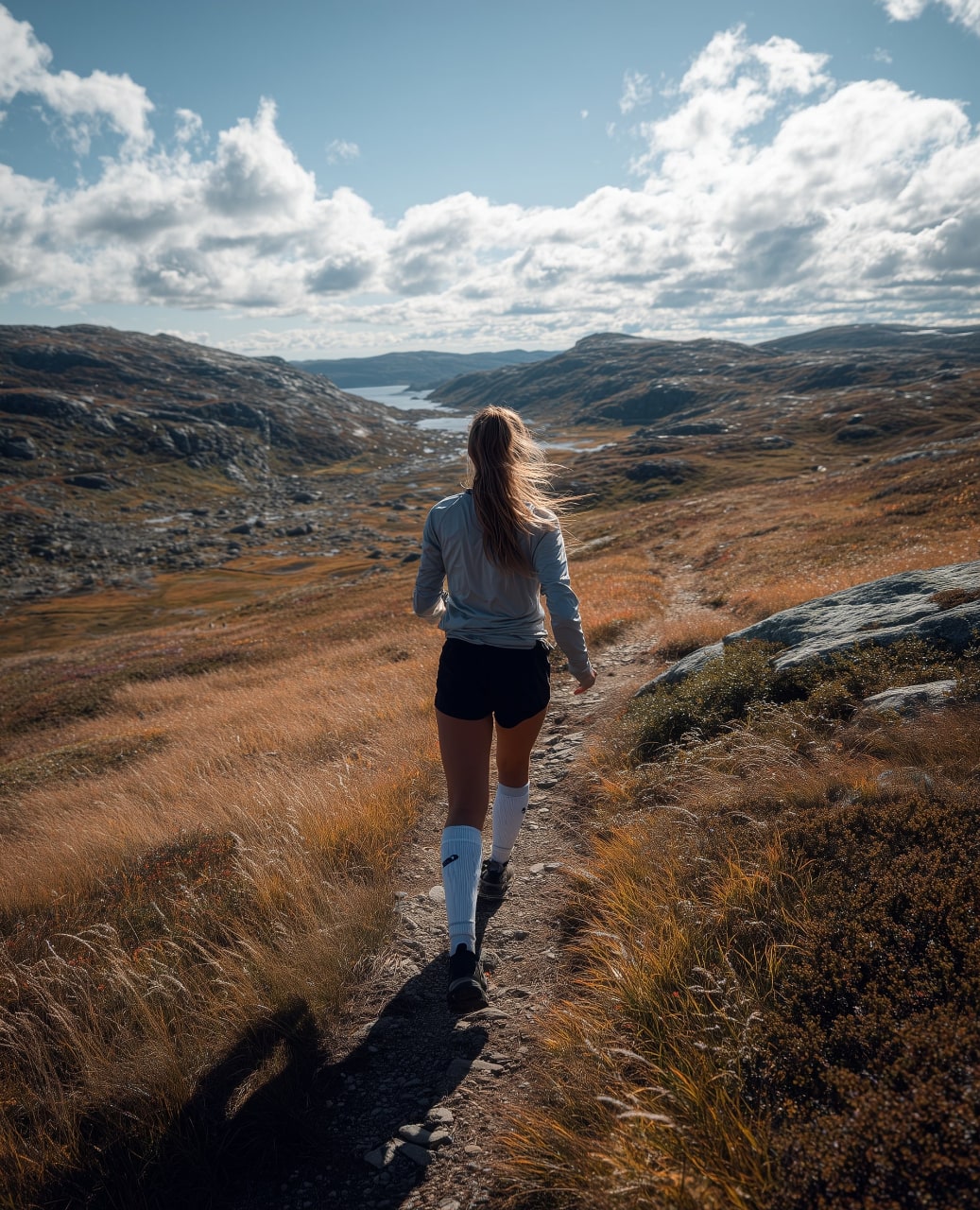 Femme marchant sur un sentier de montagne.