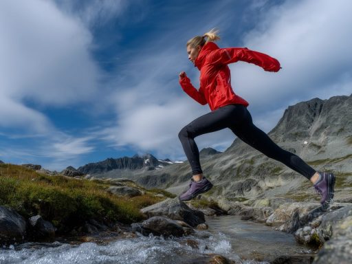 Personne sautant un ruisseau en montagne.