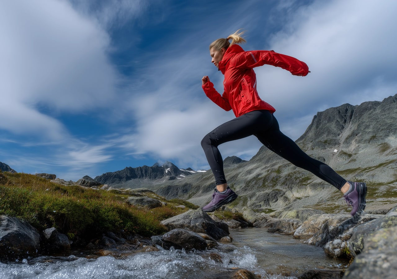 Personne sautant un ruisseau en montagne.