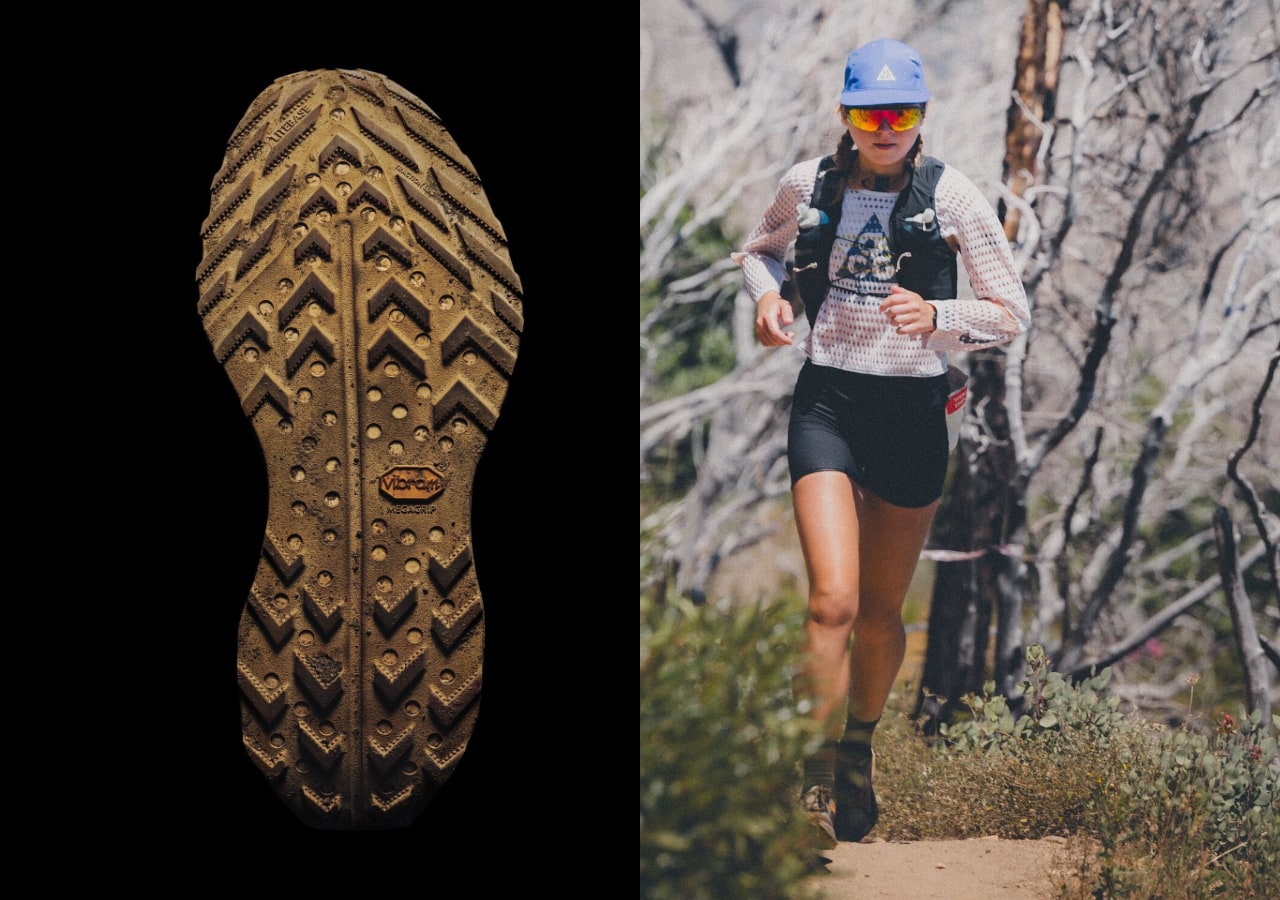 Semelle de chaussure de trail et coureuse sur sentier. nike acg ultrafly