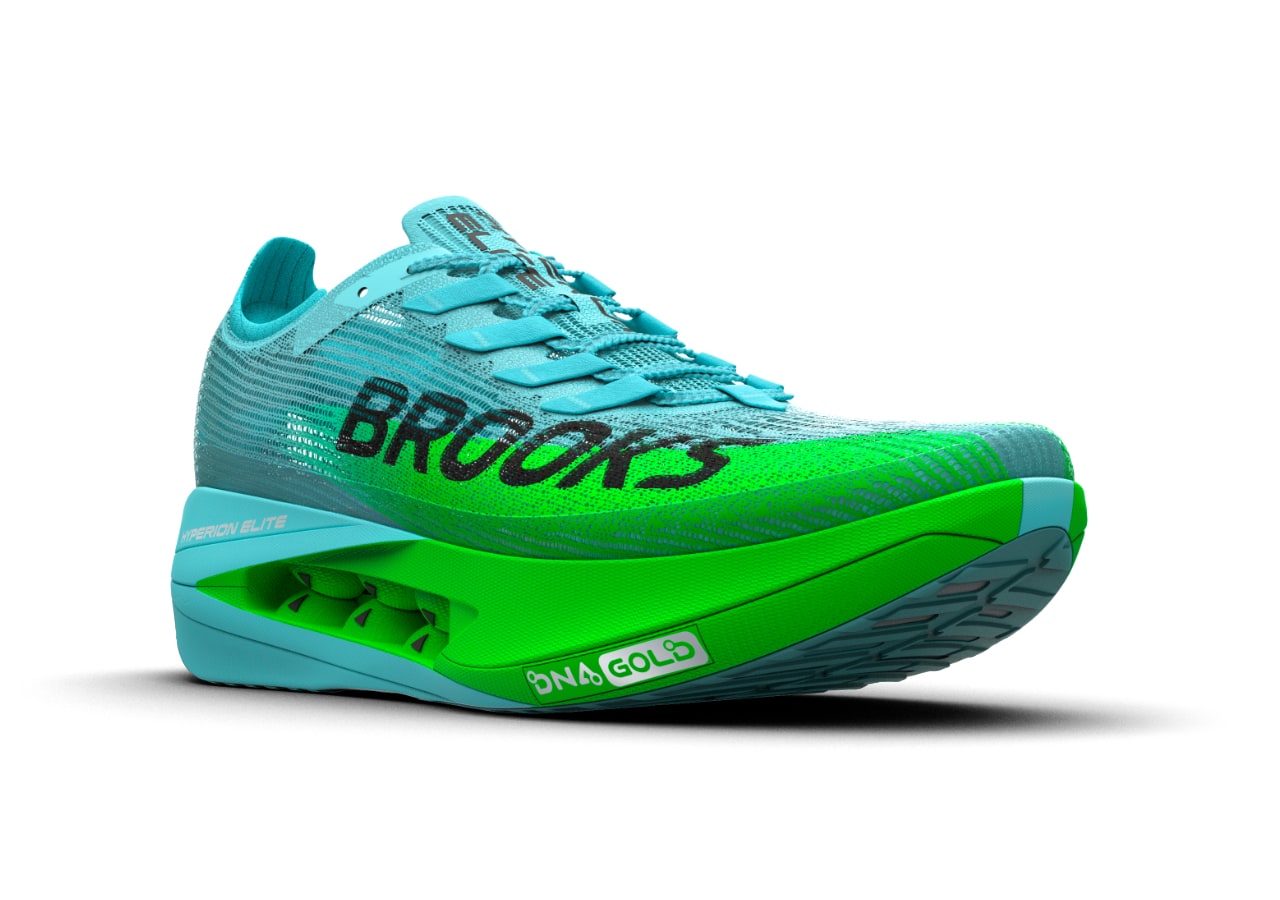 Chaussure de course bleu et vert fluo.