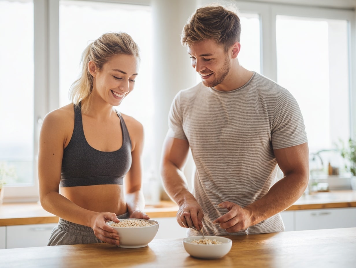 Couple préparant le petit déjeuner ensemble.