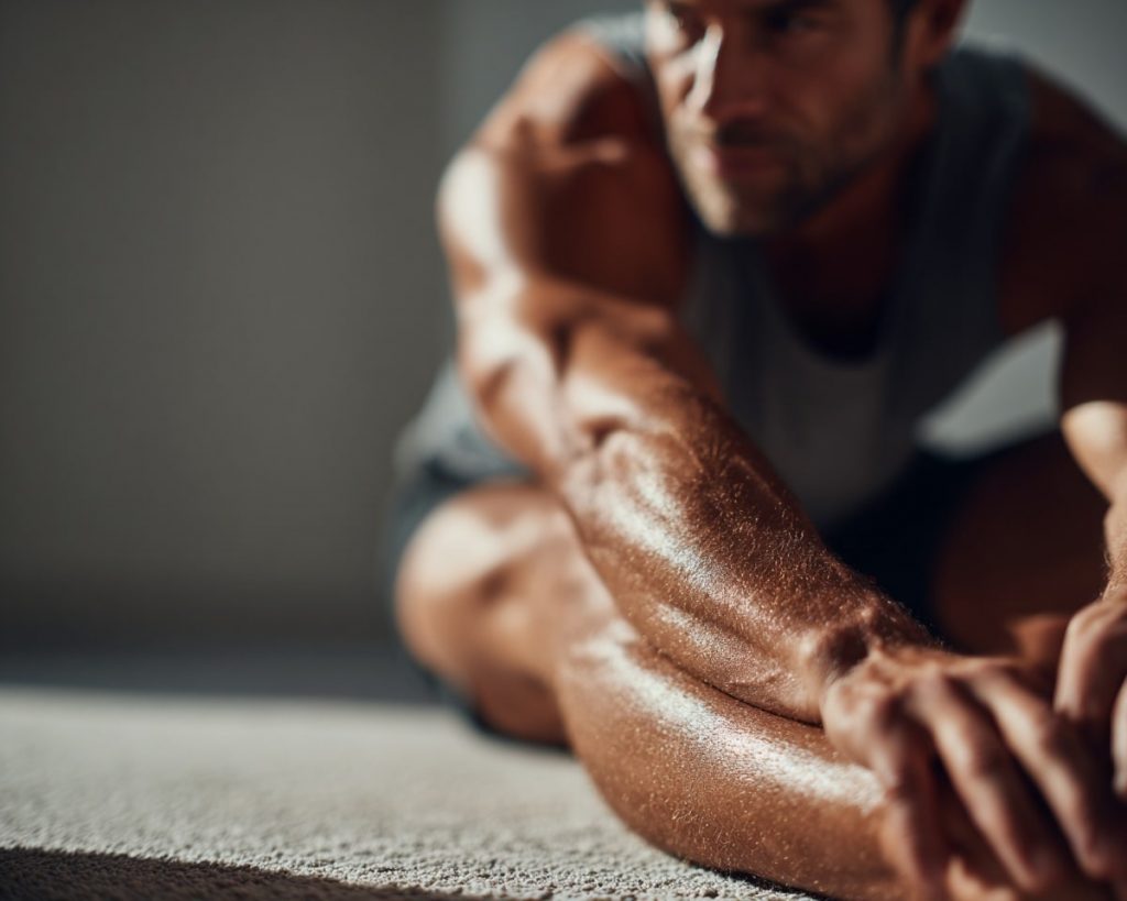 Homme s'étirant sur un tapis d'exercice.