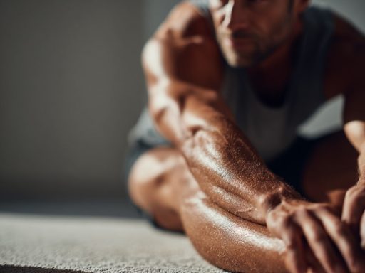 Homme s'étirant sur un tapis d'exercice.