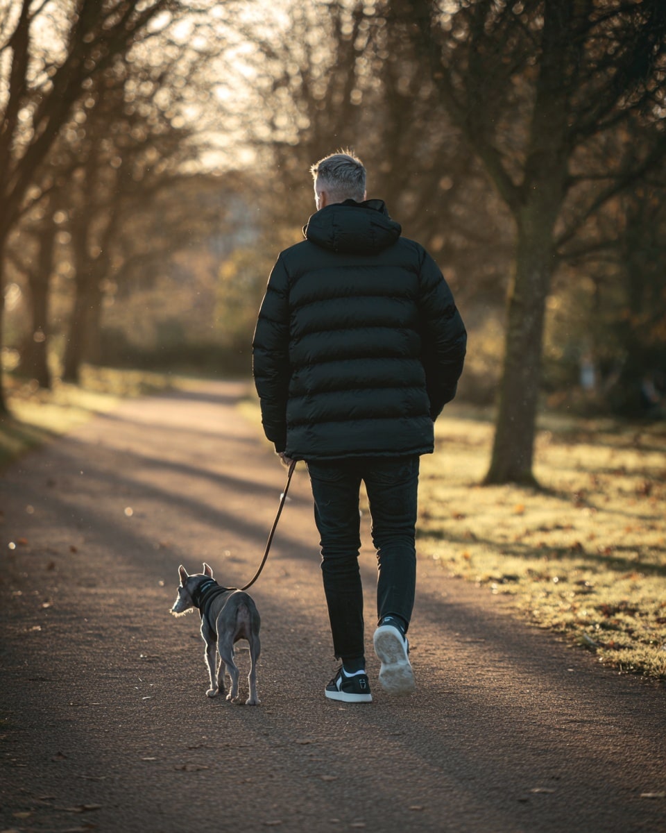 Homme marche avec chien dans parc ensoleillé.