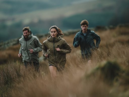 Trois personnes courant dans la nature sauvage.