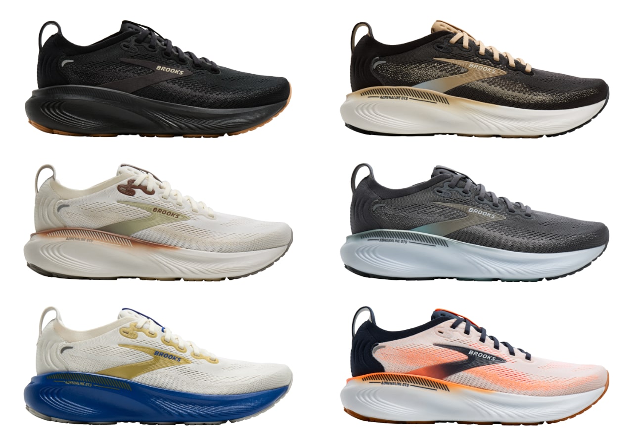 Six paires de baskets colorées alignées. brooks adrenaline gts 25