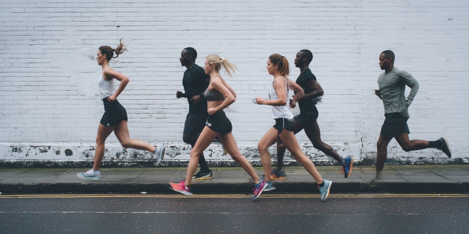 Groupe de coureurs sur un trottoir.