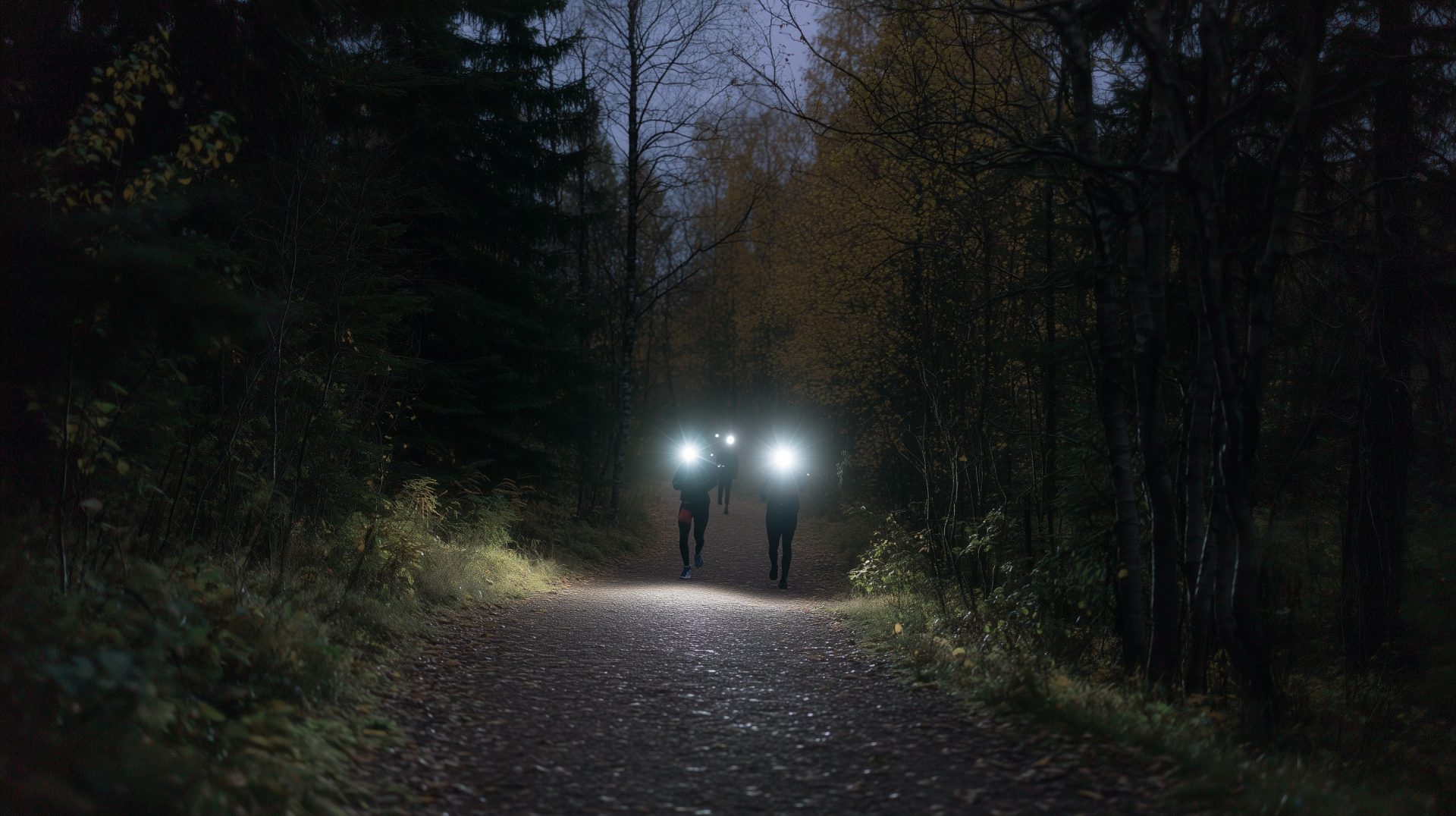 Course nocturne en forêt avec lampes frontales