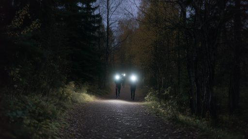 Course nocturne en forêt avec lampes frontales