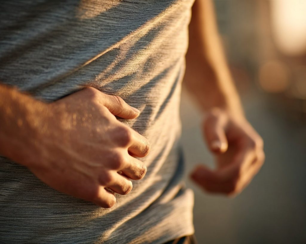 Homme touchant son ventre en gros plan.