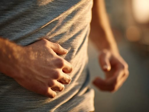 Homme touchant son ventre en gros plan.