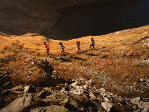 Quatre coureurs sur un sentier montagneux