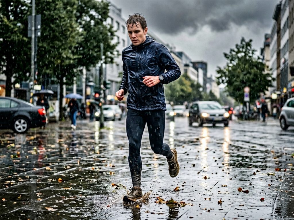 Homme courant sous la pluie en ville.