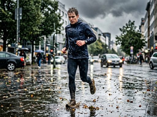 Homme courant sous la pluie en ville.
