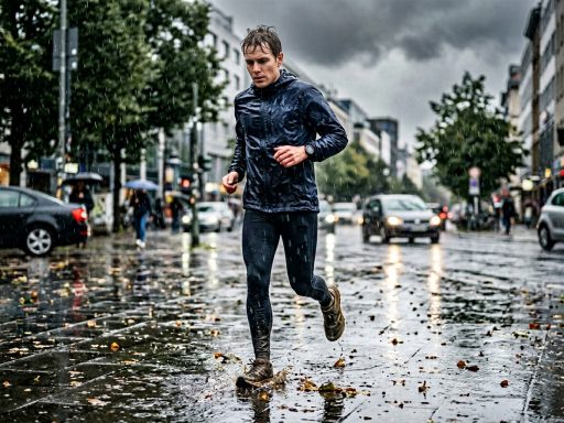 Homme courant sous la pluie en ville.