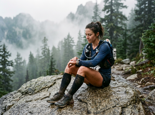 Traileuse assise sur rocher en montagne brumeuse