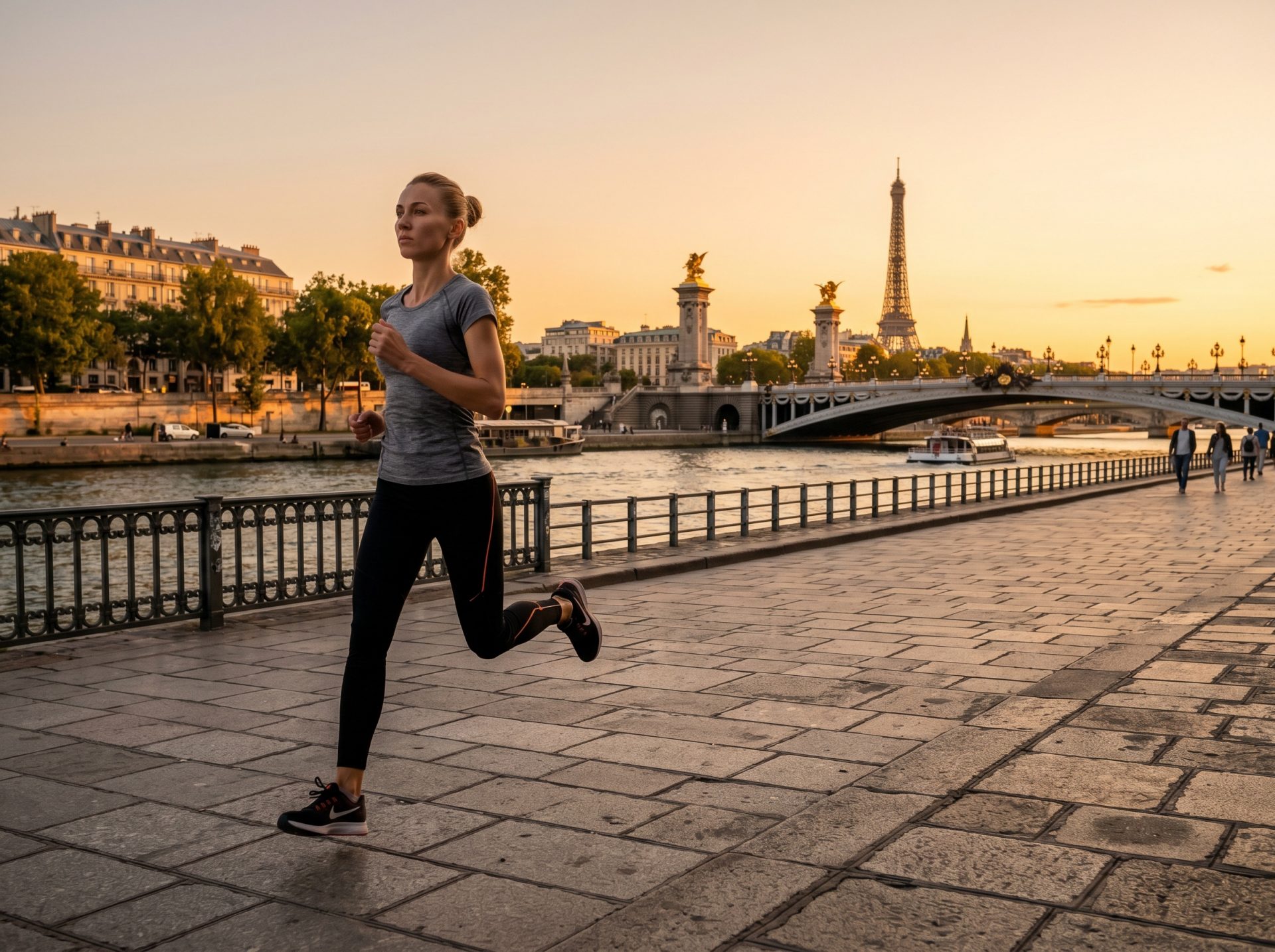 Femme courant le long de la Seine à Paris