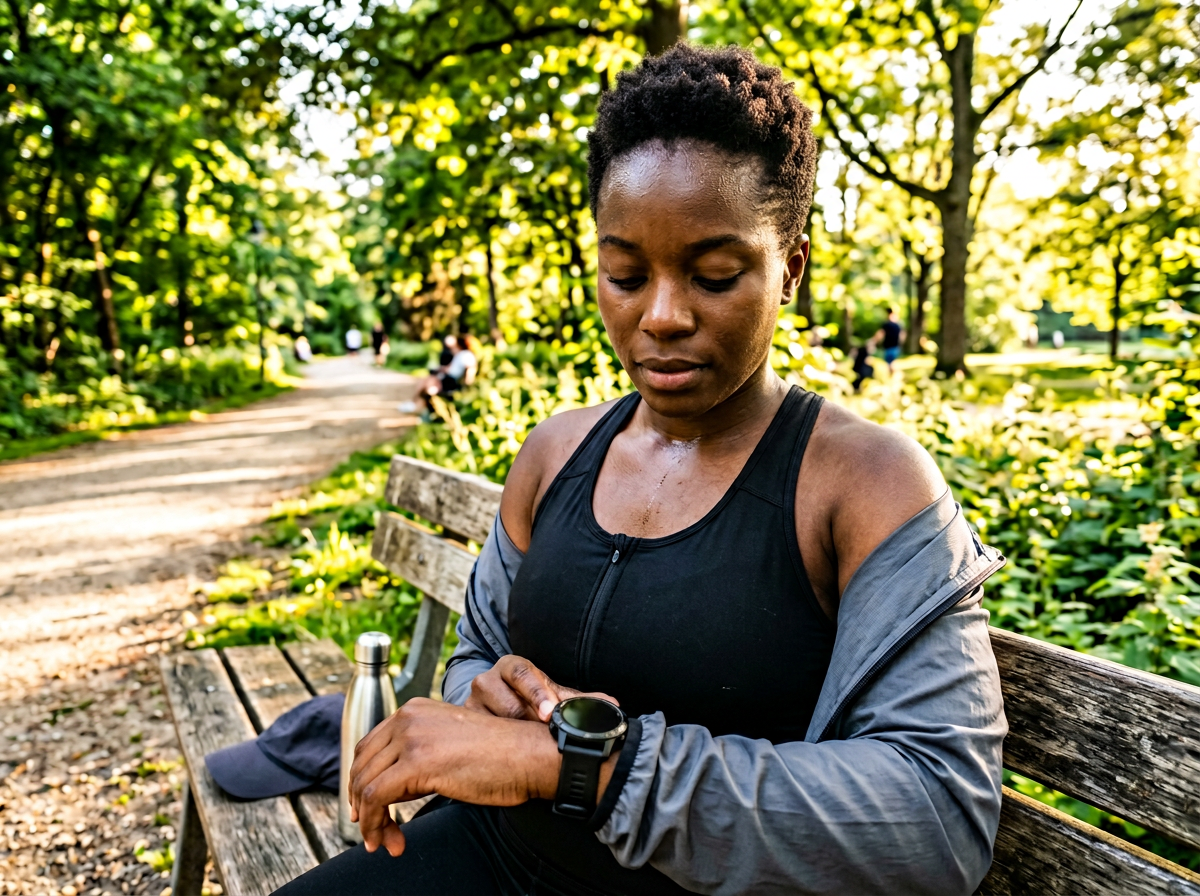 Femme sportive consultant sa montre connectée au parc