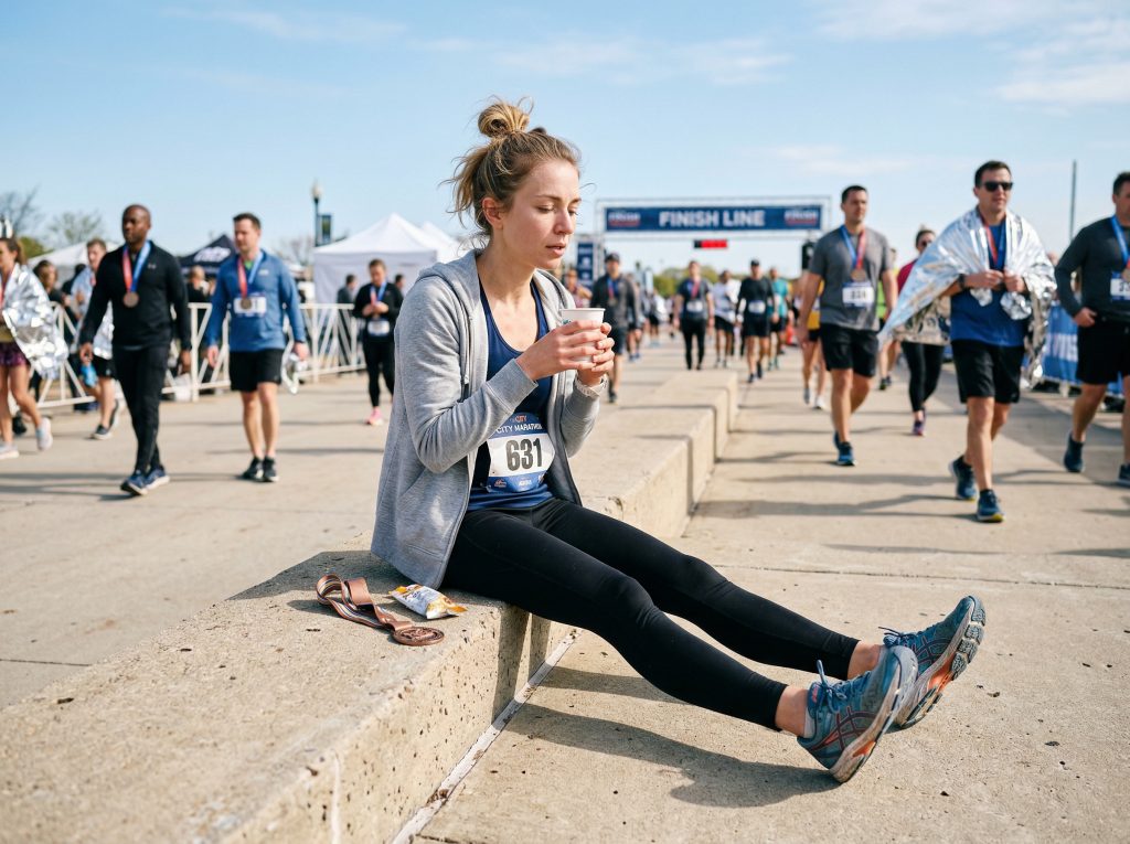 Coureuse assise après marathon près de l’arrivée