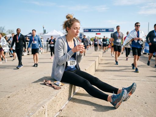 Coureuse assise après marathon près de l’arrivée