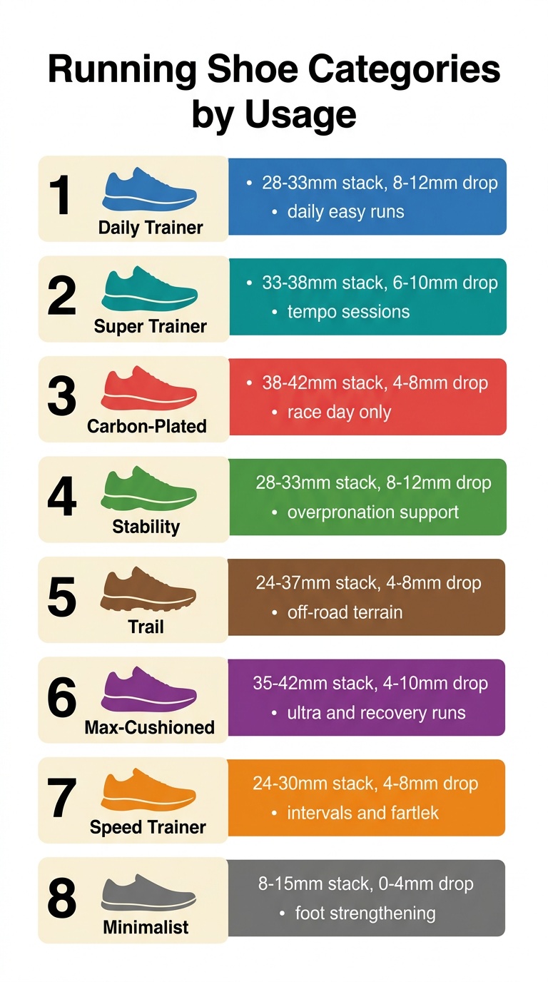 Infographie comparatif des 8 catégories de chaussures de running par stack height, drop et usage