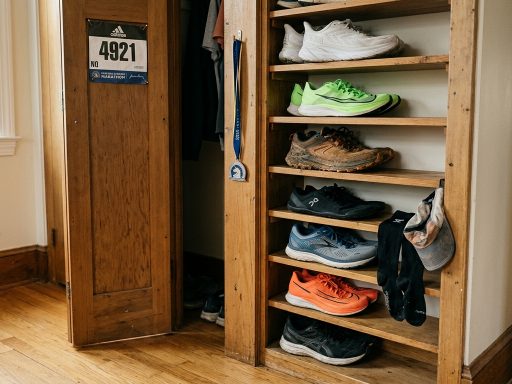 Placard de coureur avec différents types de chaussures de running rangées sur des étagères en bois