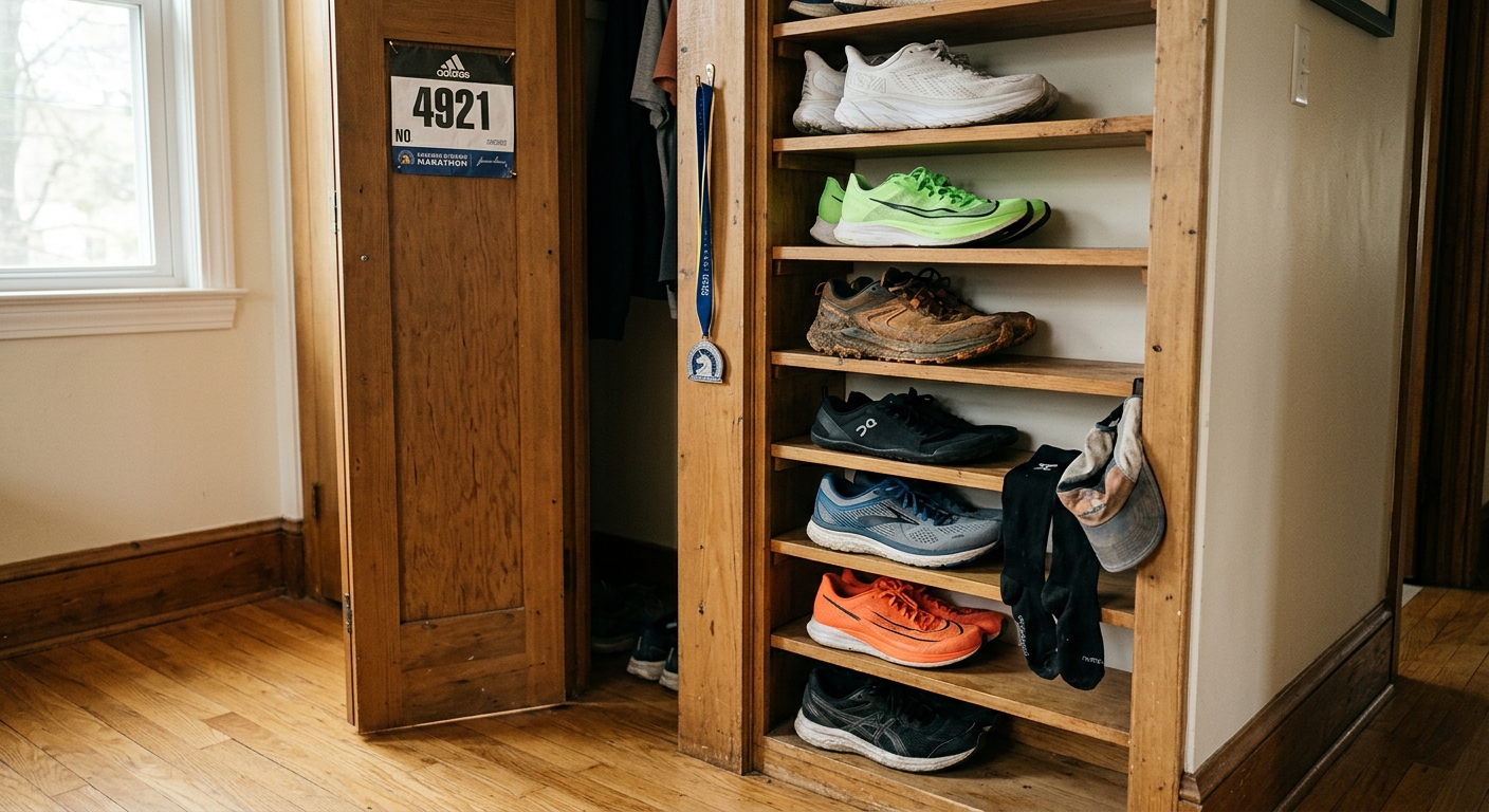 Placard de coureur avec différents types de chaussures de running rangées sur des étagères en bois