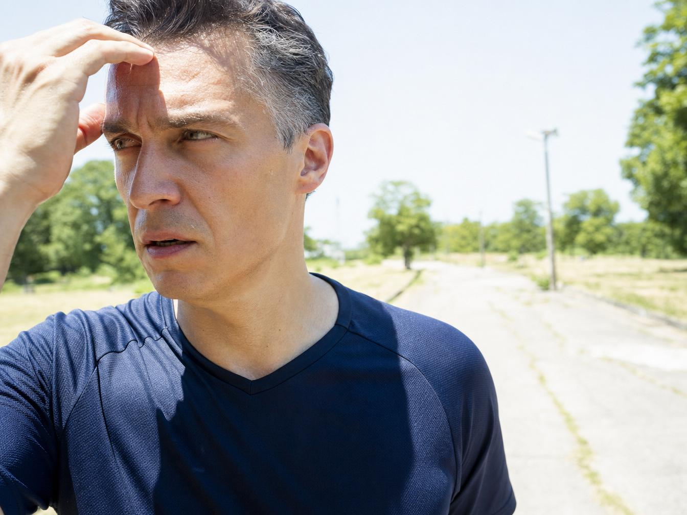 Homme se protégeant du soleil en extérieur