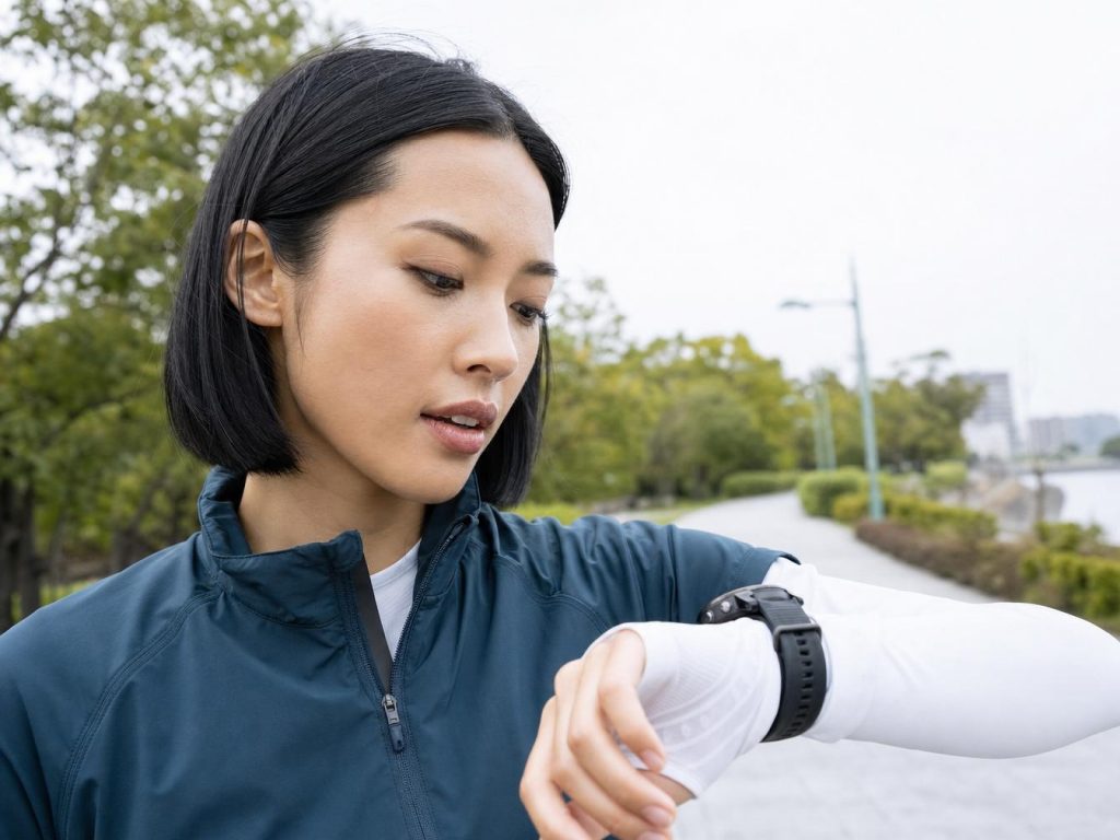 Femme sportive regardant sa montre connectée dehors