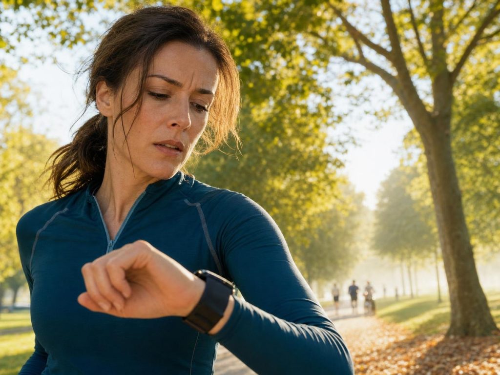 Femme faisant jogging consulte sa montre connectée