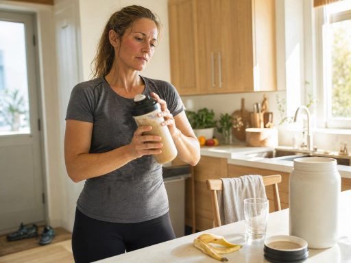 Femme préparant un shaker protéiné en cuisine