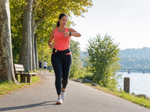 Coureuse consultant sa montre GPS Garmin Fenix 9 en pleine course pour vérifier sa glycémie sans piqûre