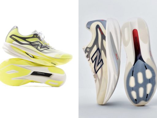 Chaussures de running jaune et blanche, semelle technique