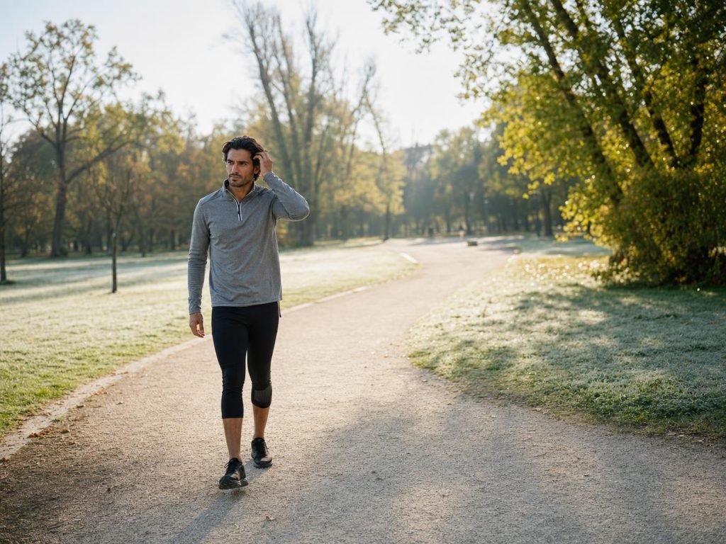 Homme marchant à allure soutenue sur un chemin en plein air le matin