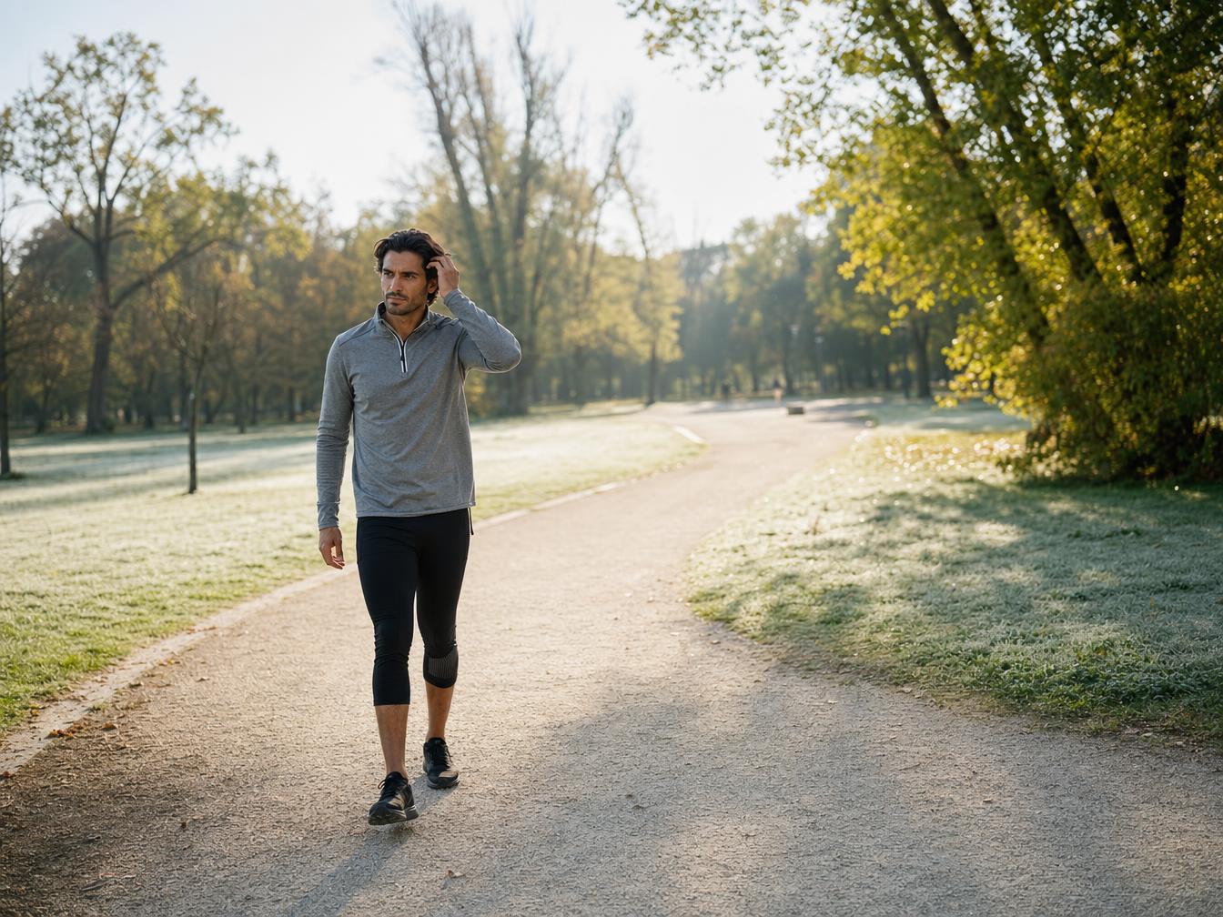 Homme marchant à allure soutenue sur un chemin en plein air le matin