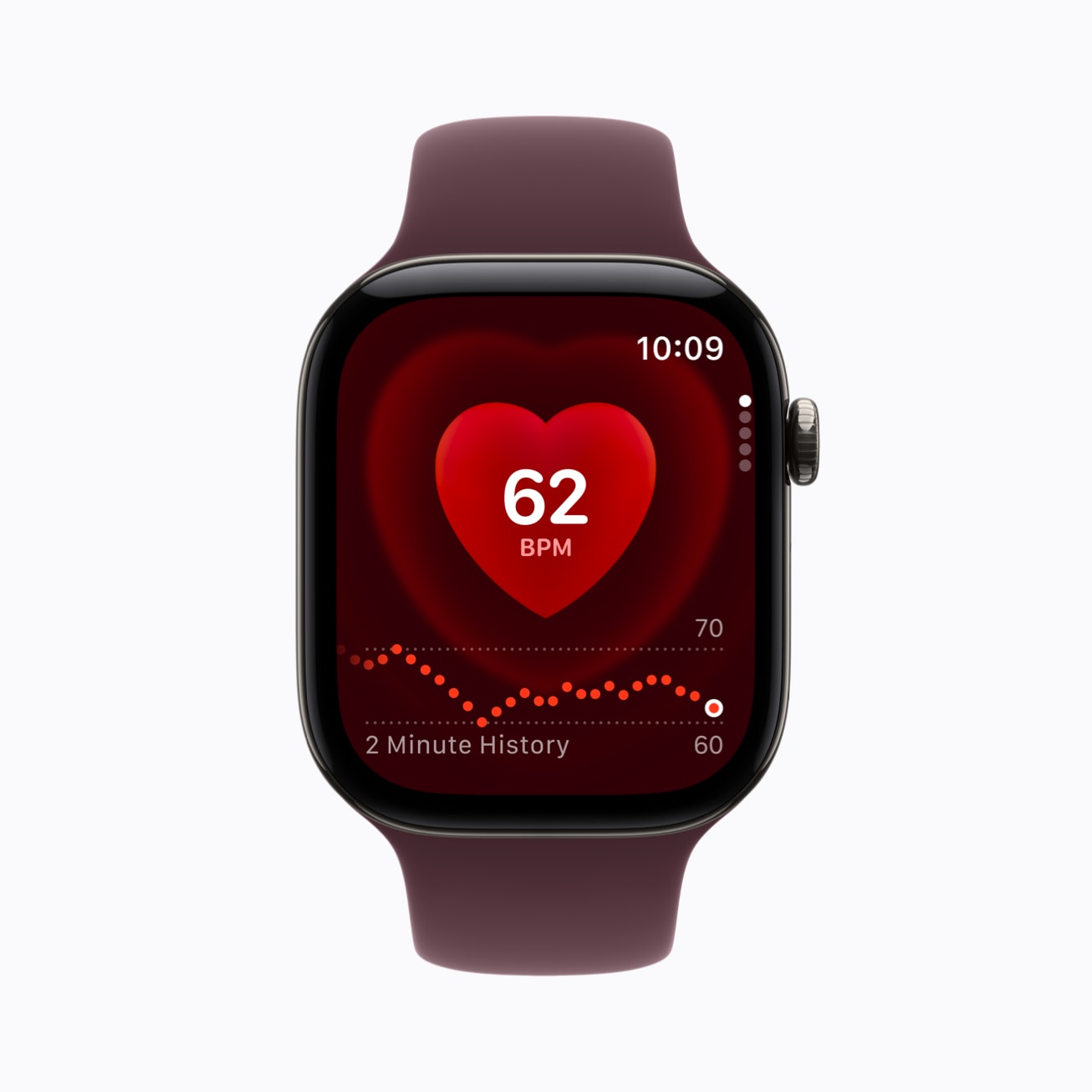 L’app Fréquence cardiaque de l’Apple Watch Series 12 affiche 62 BPM et l’historique des 2 dernières minutes