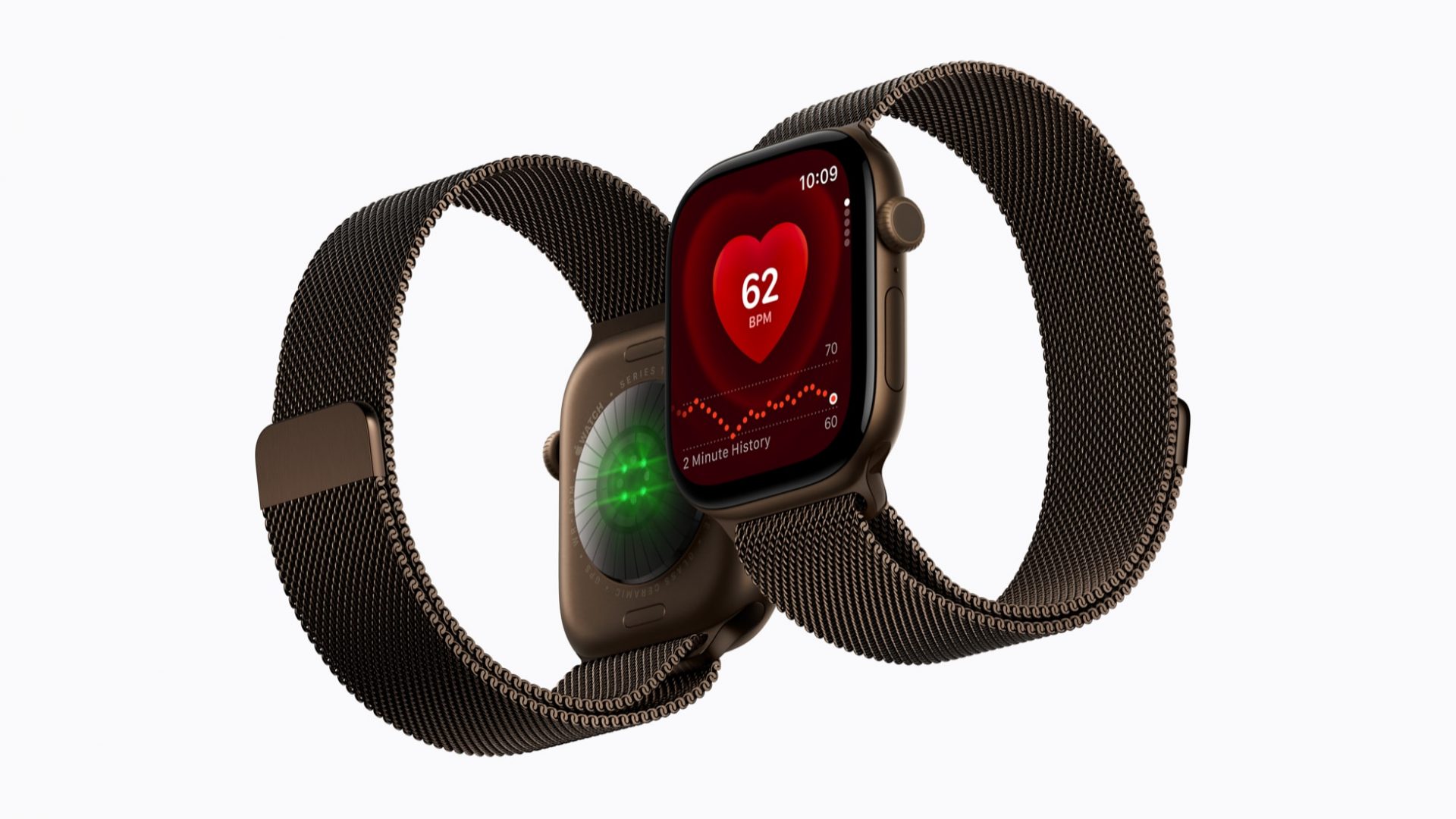 Deux Apple Watch Series 12 montrant le capteur cardiaque optique et l'app Fréquence cardiaque affichant 62 BPM