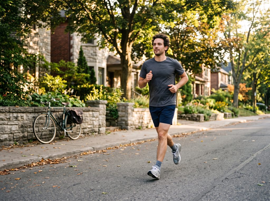 Coureur en pleine foulée sur une rue résidentielle arborée au lever du soleil