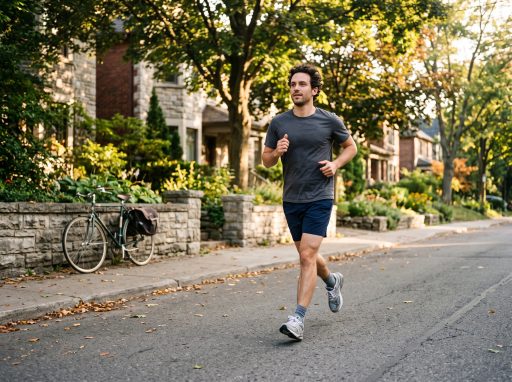 Coureur en pleine foulée sur une rue résidentielle arborée au lever du soleil