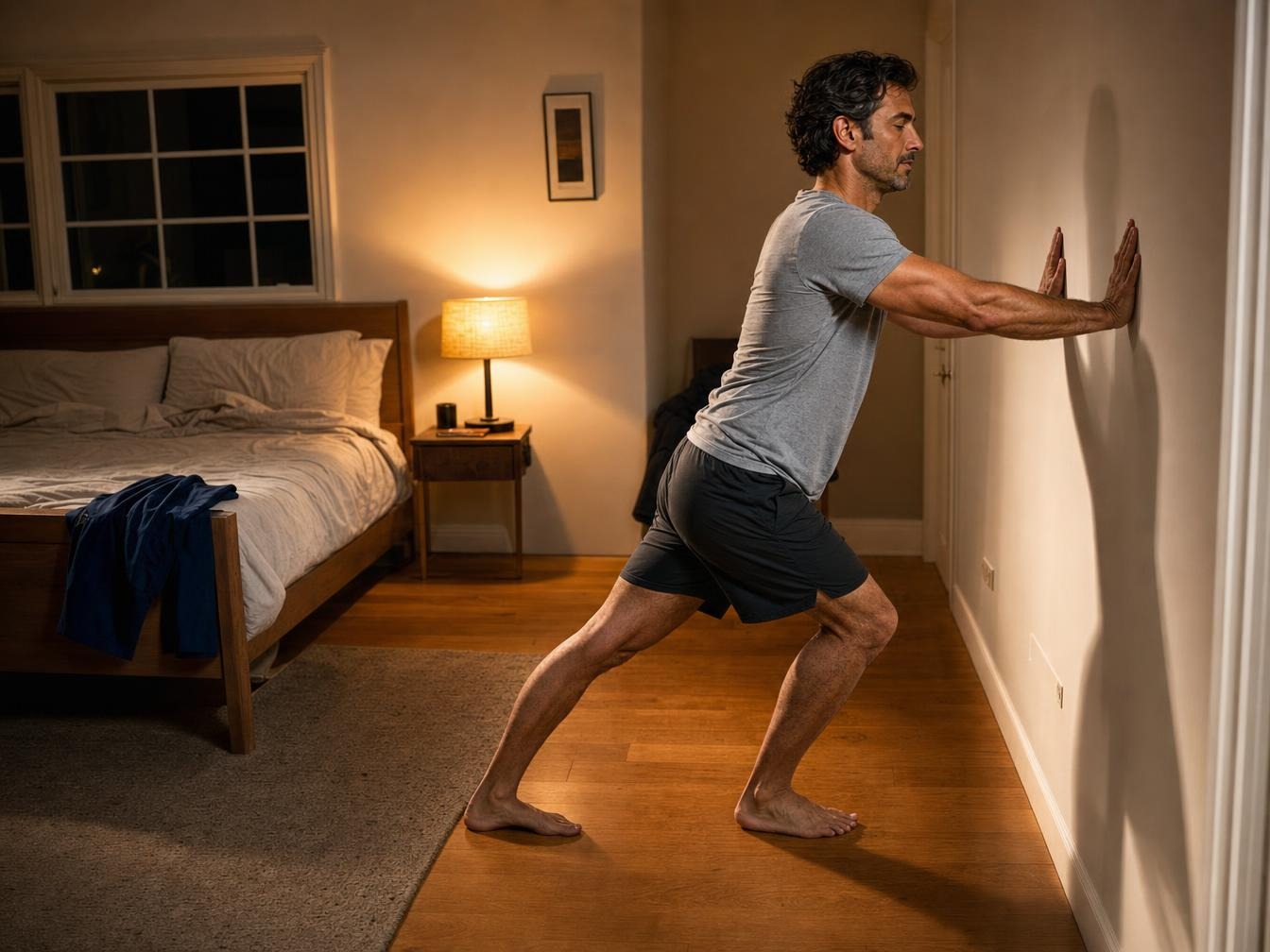 Coureur étirant son mollet contre un mur avant de se coucher