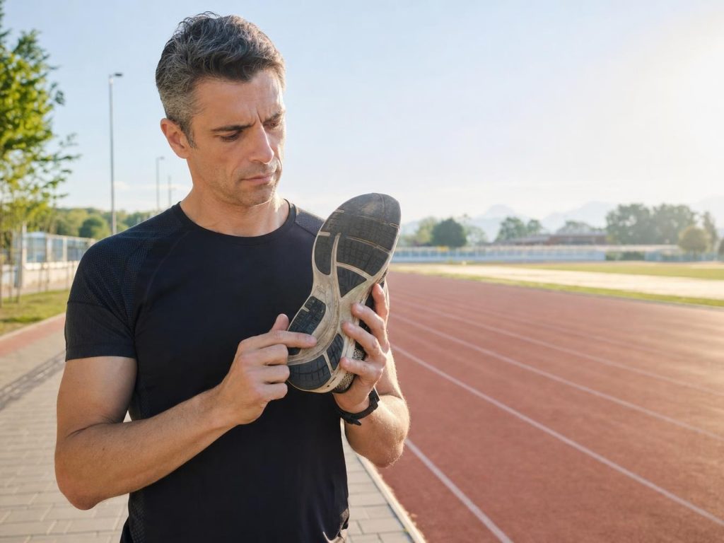 Coureur inspectant la semelle usée de sa chaussure