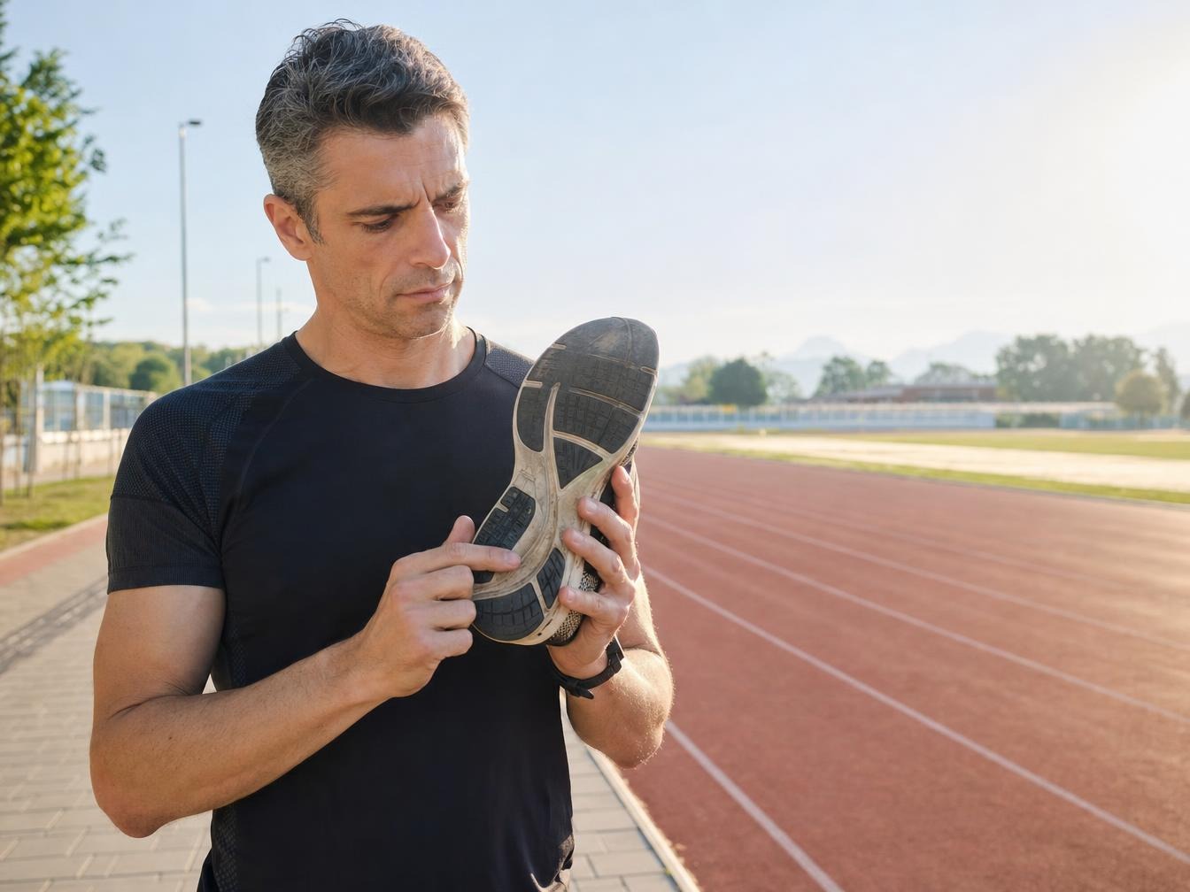 Coureur inspectant la semelle usée de sa chaussure